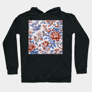 Modern take on traditional French toile in blue and red Hoodie